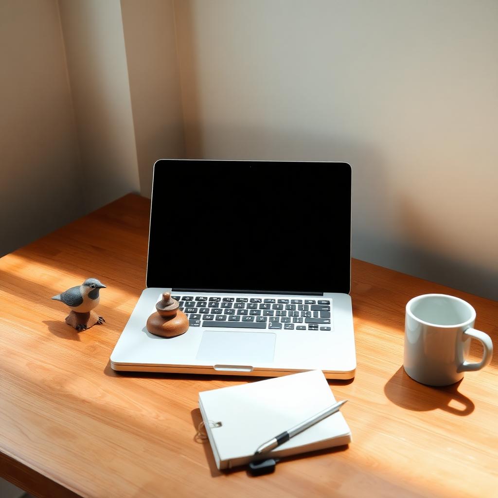 A minimalist workspace with a laptop and a small carved nuthatch figurine